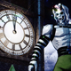 A shredded character in Neon White stands in front of an ominous clocktower.